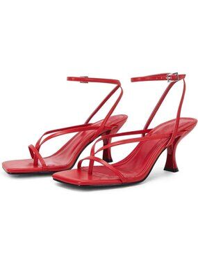 Women's Red Leather Lace Up Square Flip Flop High Heels Strappy Sandals